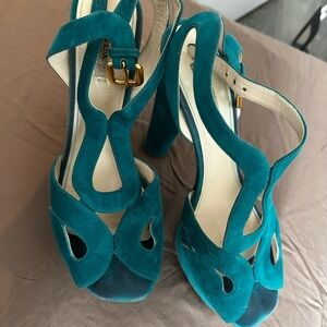 Prada Blue Suede Heels with Intricate Cut-Out Design